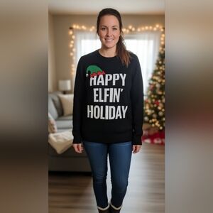 Festive Black Holiday Sweater - Happy Elfin' Holiday